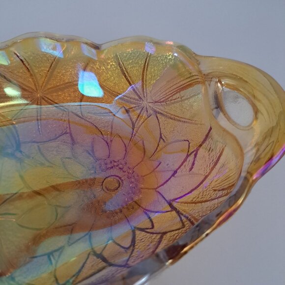 Indiana Marigold Carnival Glass Sunflower Celery Candy Dish Two Handles Vintage - Picture 3 of 11